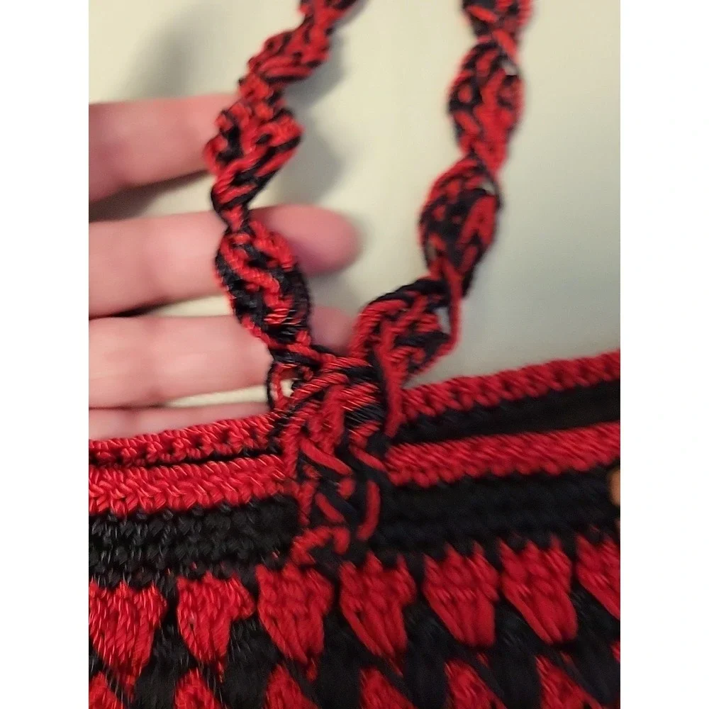 Handmade Limited Edition Crochet Tote Bag Red Black Boho Woven Cord